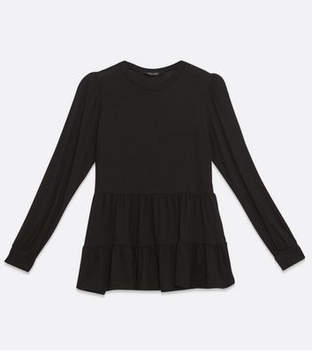 Image of Black Long Sleeve Tiered Peplum Top New Look