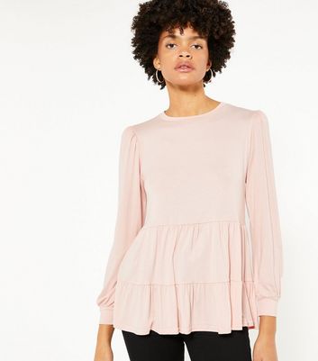 Image of Mid Pink Long Sleeve Tiered Peplum Top New Look