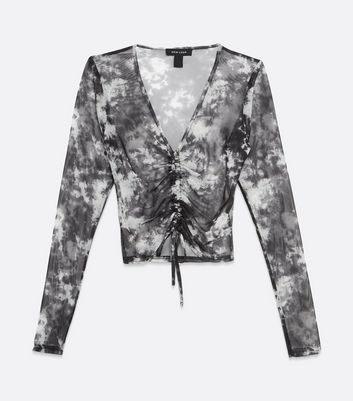 Image of Black Tie Dye Mesh Ruched Front Top New Look