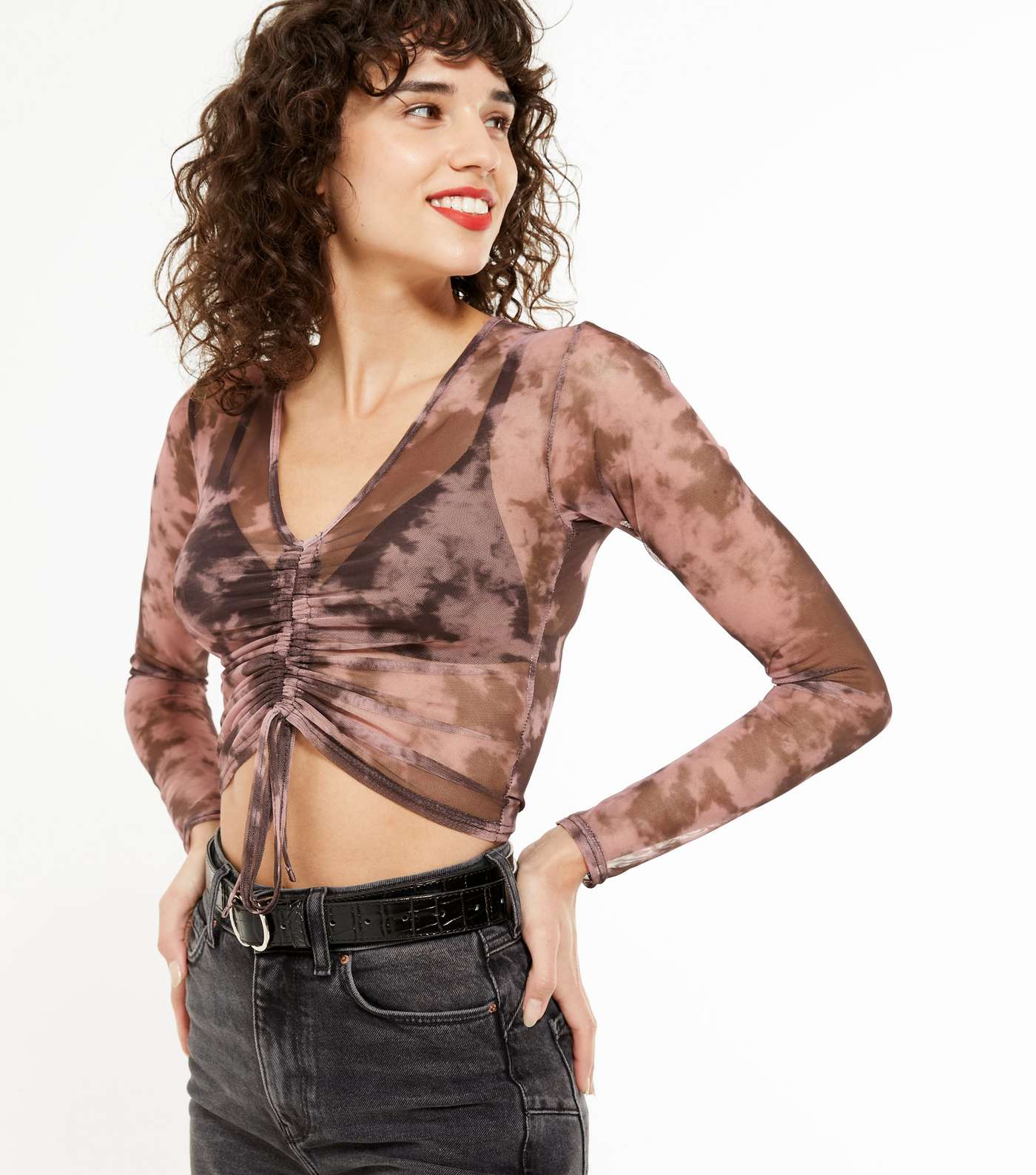 Pink Tie Dye Mesh Ruched Front Top