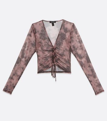 Image of Pink Tie Dye Mesh Ruched Front Top New Look