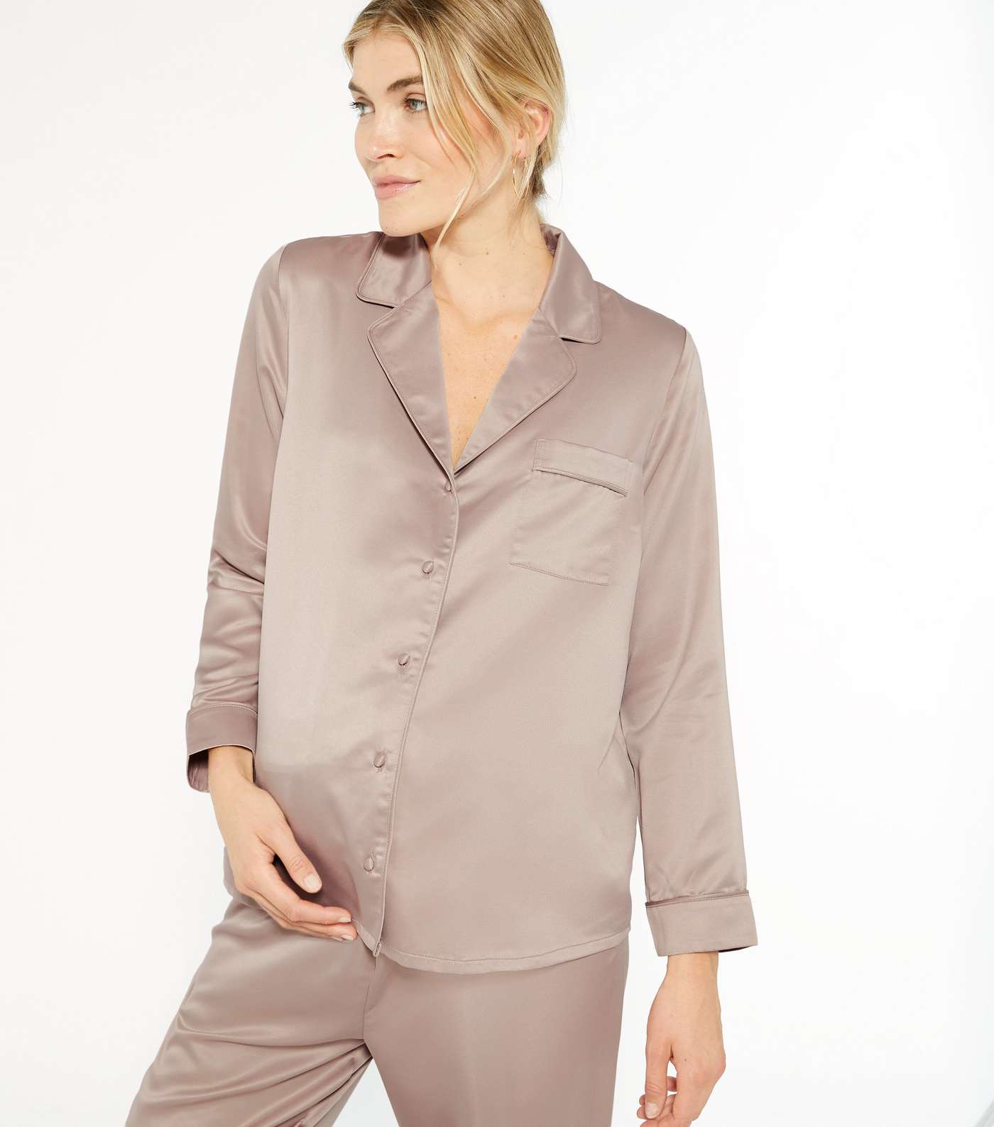 Maternity Stone Satin Revere Collar Trouser Pyjama Set Image 2