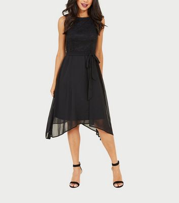 Image of Mela Black Lace Hanky Hem Midi Dress New Look