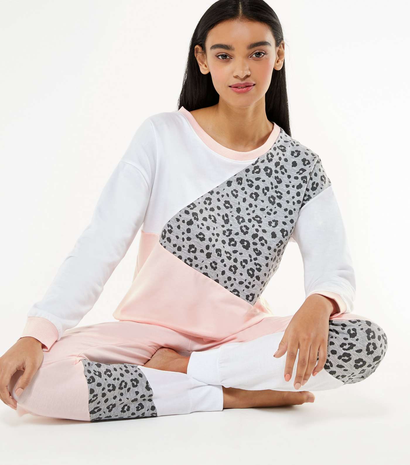 Pink Colour Block Leopard Print Lounge Sweatshirt Image 2