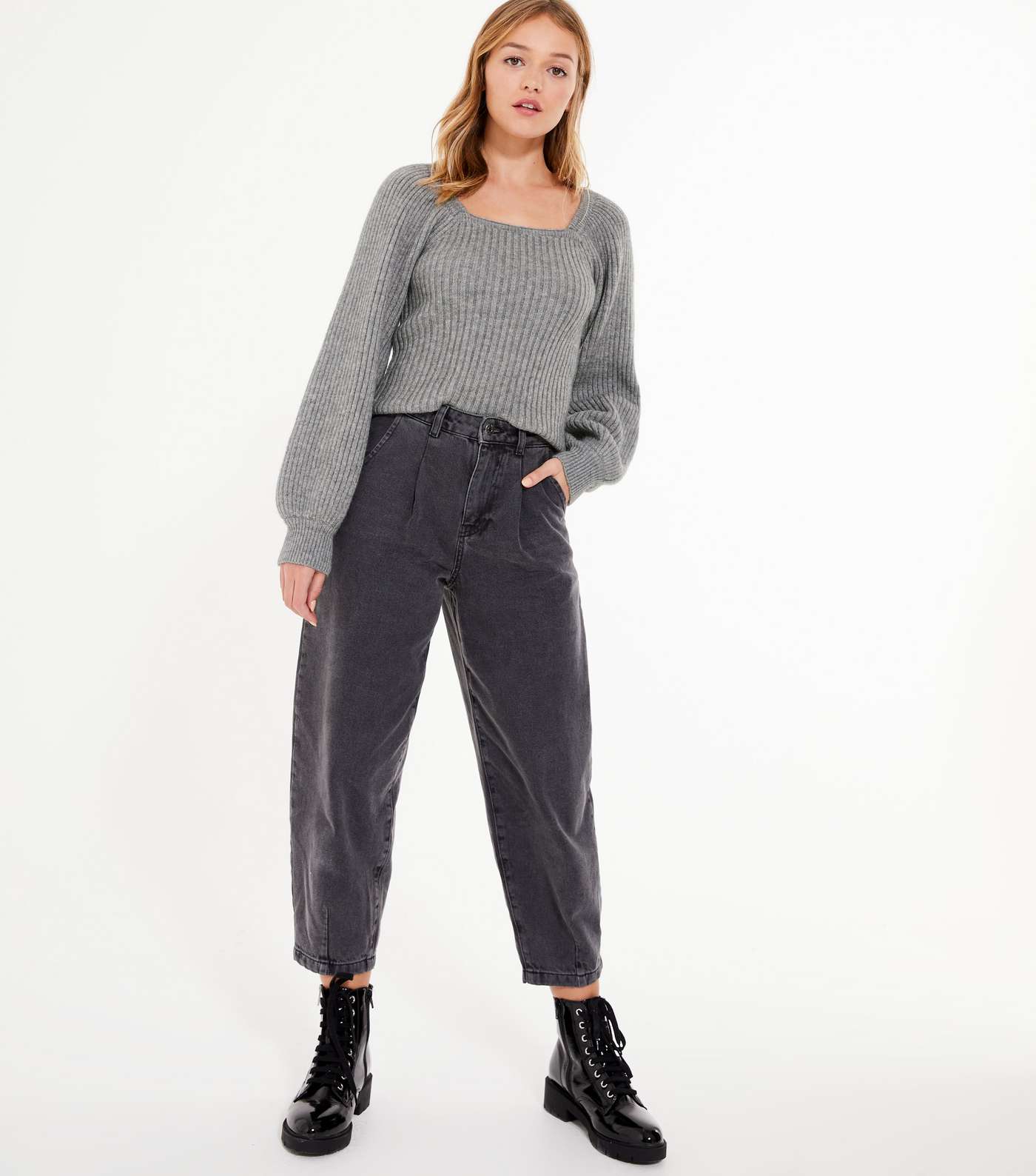 Pale Grey Square Neck Puff Sleeve Jumper Image 2
