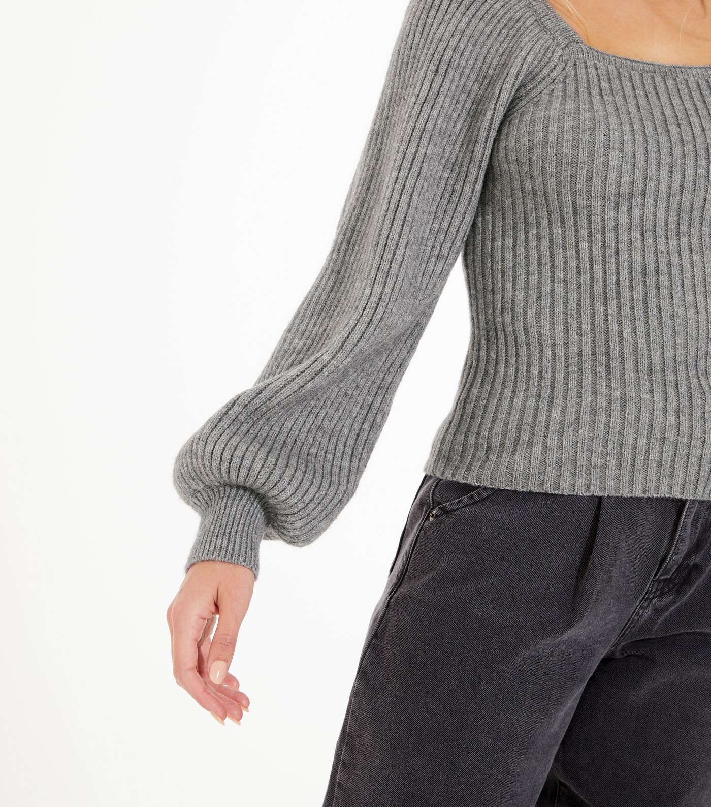 Pale Grey Square Neck Puff Sleeve Jumper Image 4