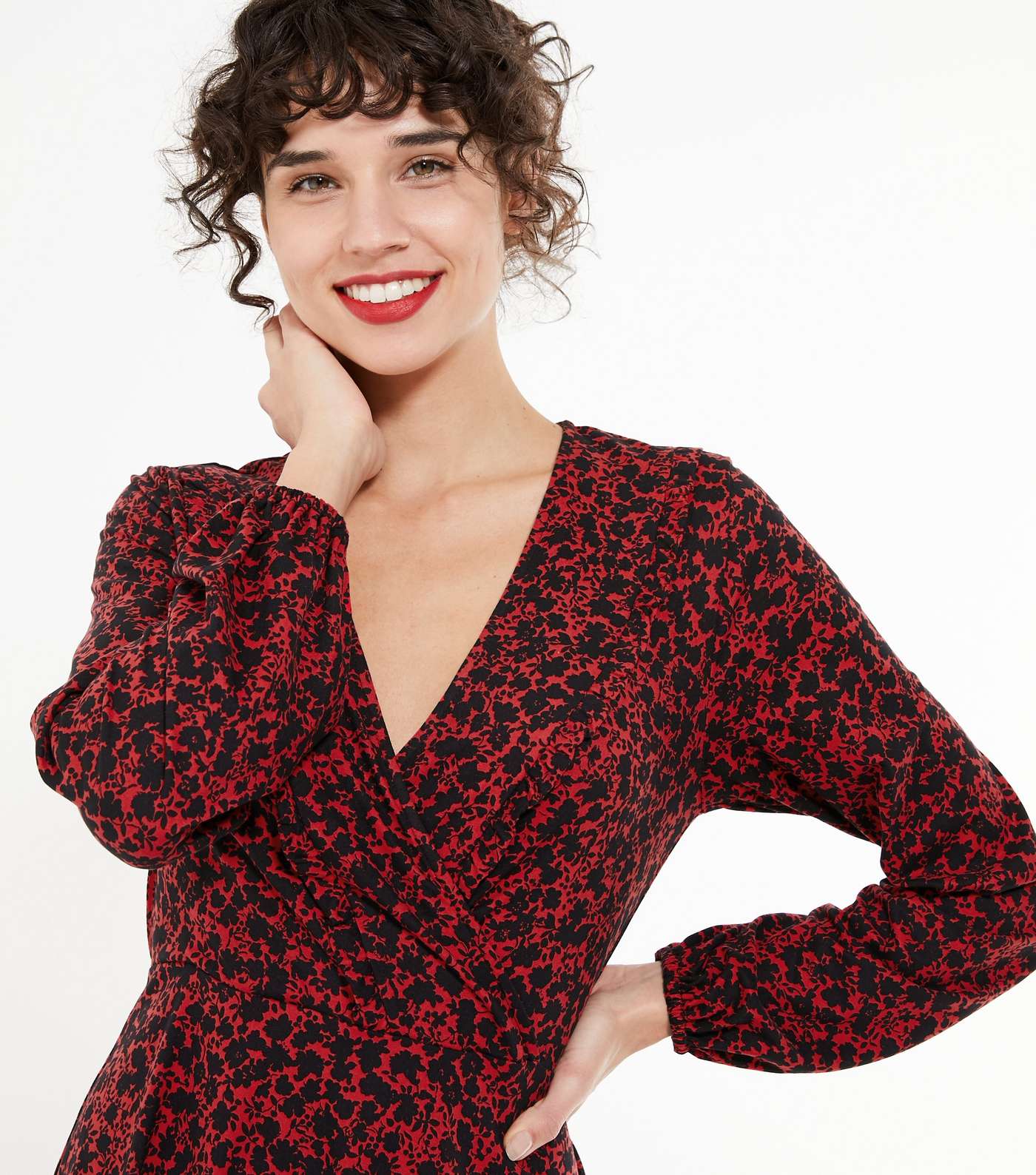Red Ditsy Floral Soft Touch Wrap Mini Dress Image 4