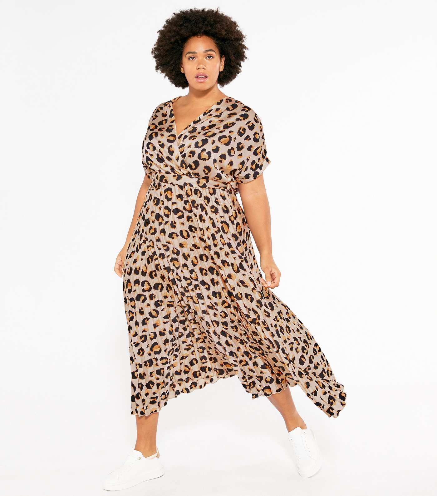 Curves Brown Leopard Print Pleated Satin Midi Dress Image 2