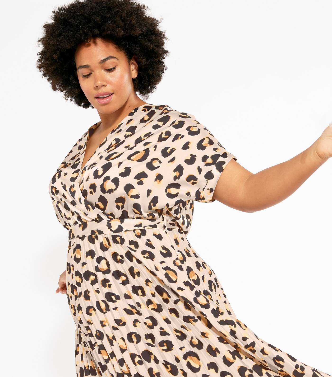 Curves Brown Leopard Print Pleated Satin Midi Dress Image 4