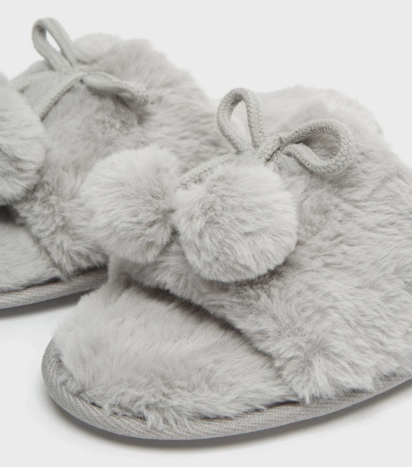 Grey Faux Fur Pom Pom Slider Slippers Image 3