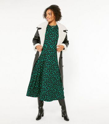Black Spot Ruched Sleeve Midi Dress 