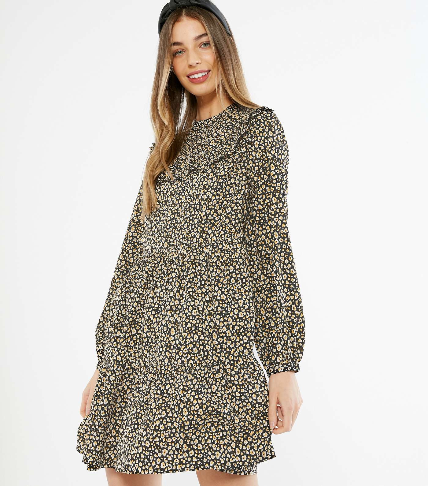 Black Leopard Print Frill Tiered Smock Dress 