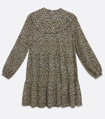 Image of Black Leopard Print Frill Tiered Smock Dress New Look