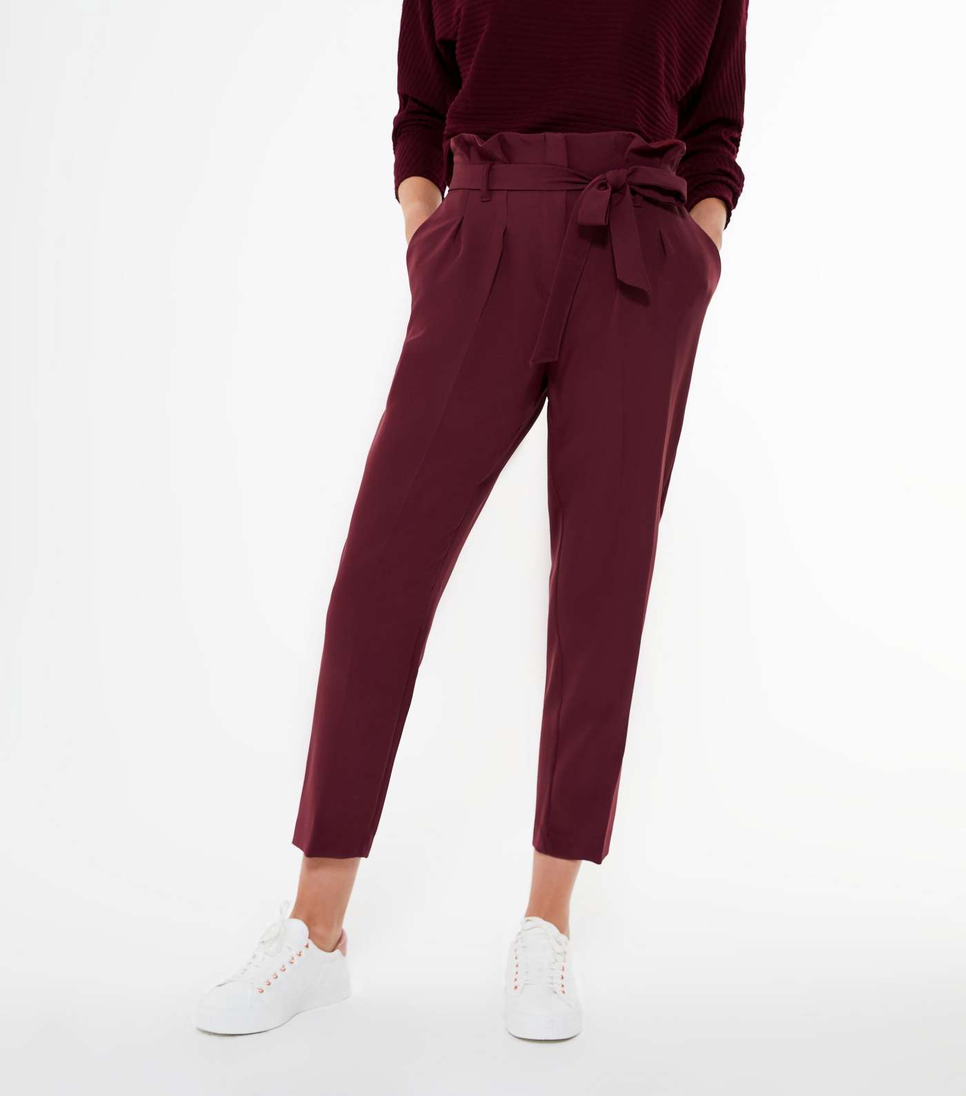 Burgundy High Tie Waist Tapered Trousers Image 2