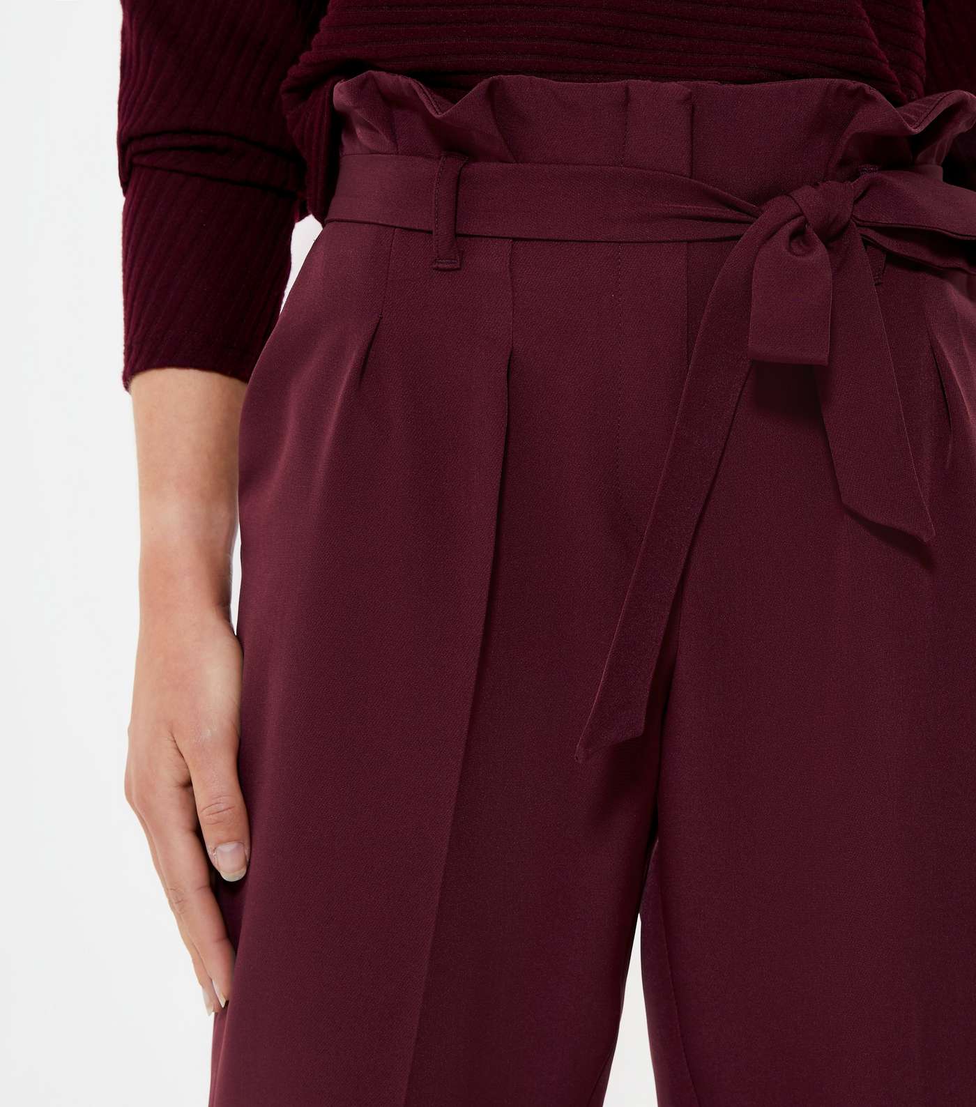 Burgundy High Tie Waist Tapered Trousers Image 4