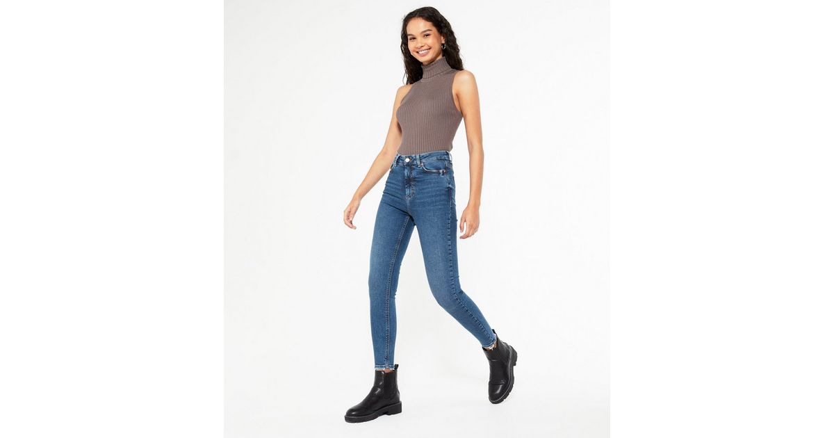 Blue Ripped Hem High Waist Ashleigh Skinny Jeans | New Look