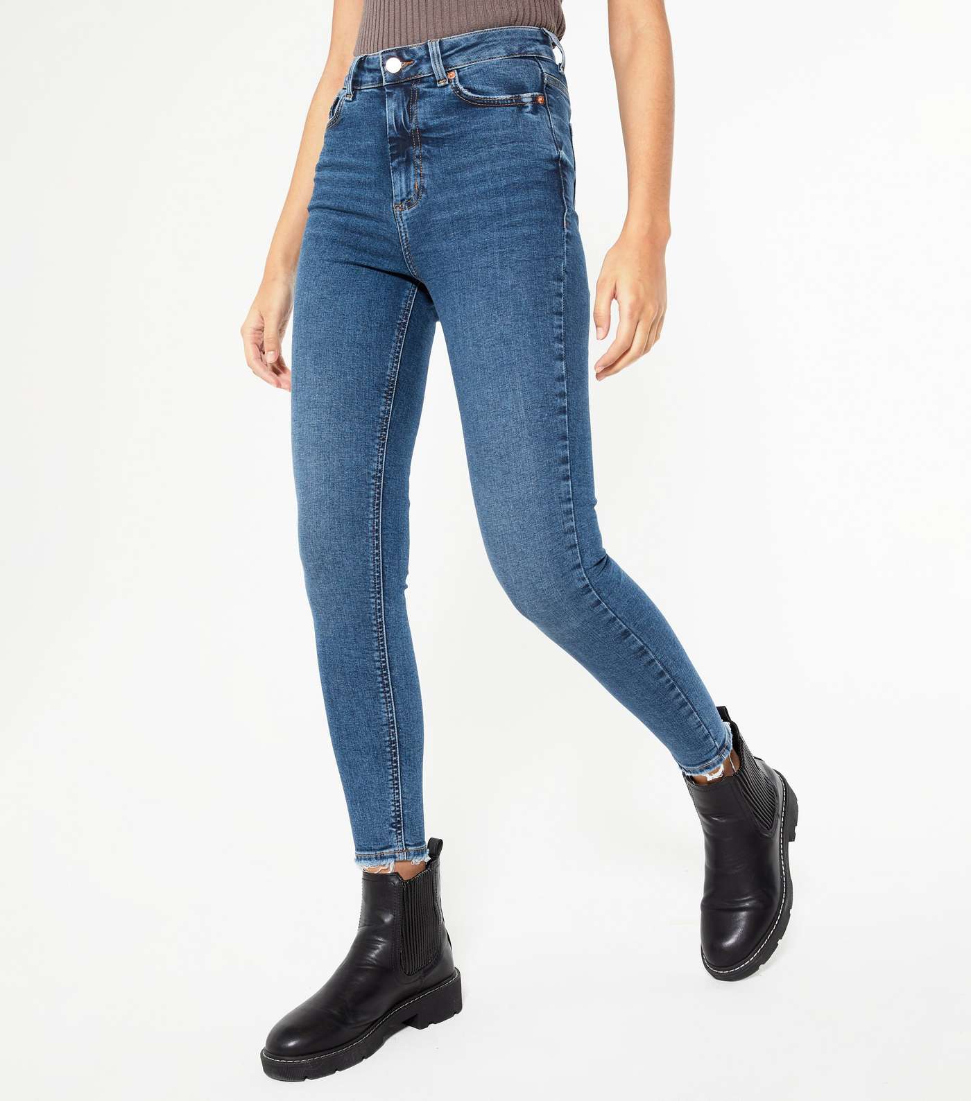 Blue Ripped Hem High Waist Ashleigh Skinny Jeans Image 2