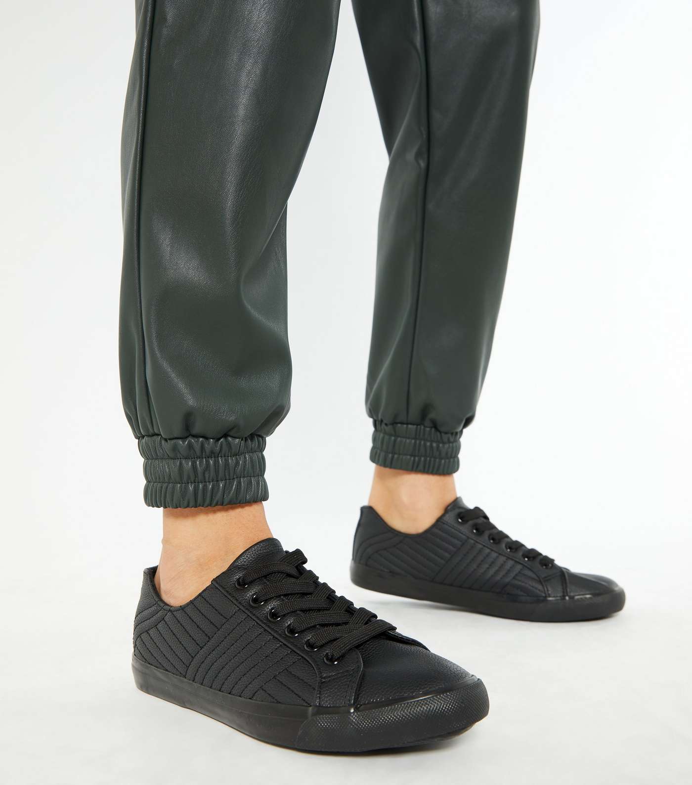 Wide Fit Black Quilted Leather-Look Trainers