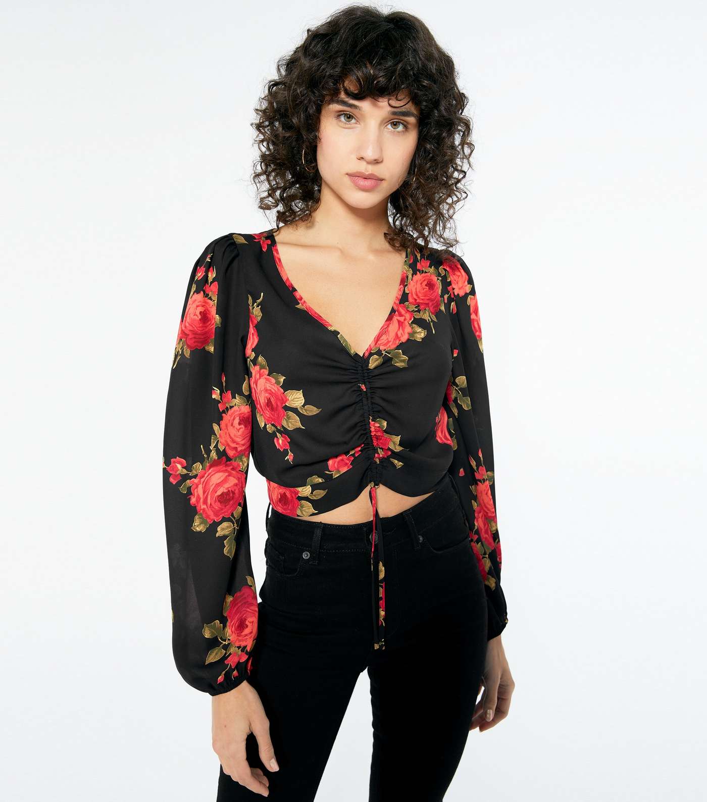Black Satin Floral Ruched Puff Sleeve Blouse