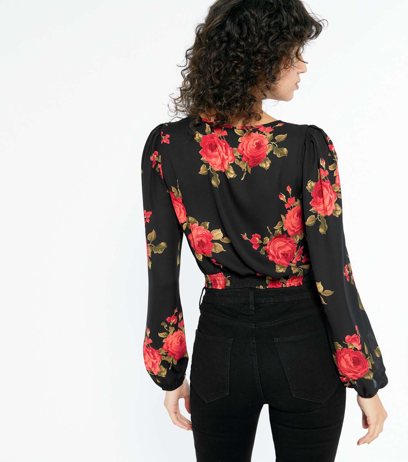 Black Satin Floral Ruched Puff Sleeve Blouse Image 3
