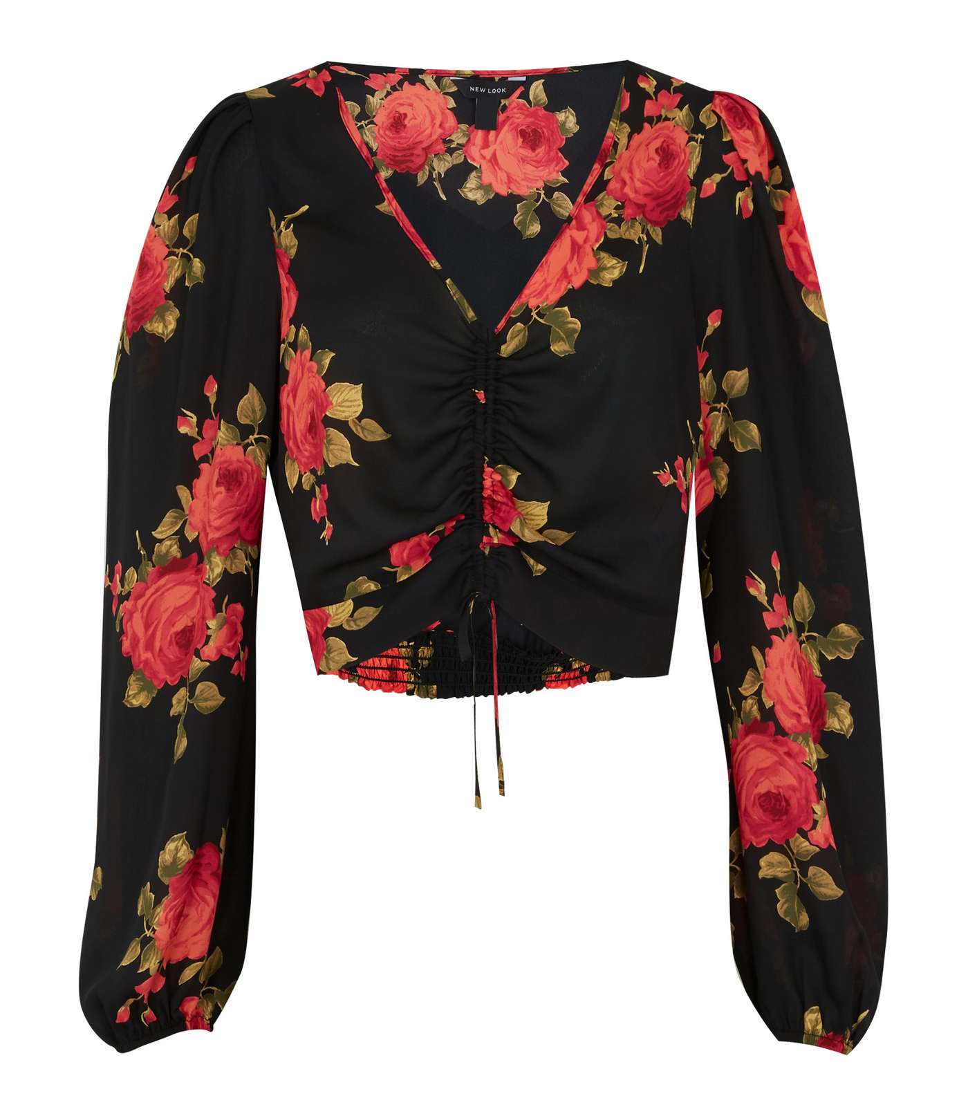 Black Satin Floral Ruched Puff Sleeve Blouse Image 5