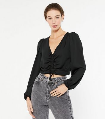 Black Satin Ruched Puff Sleeve Blouse | New Look