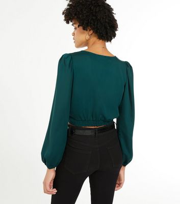 Green satin puff sleeve top sale