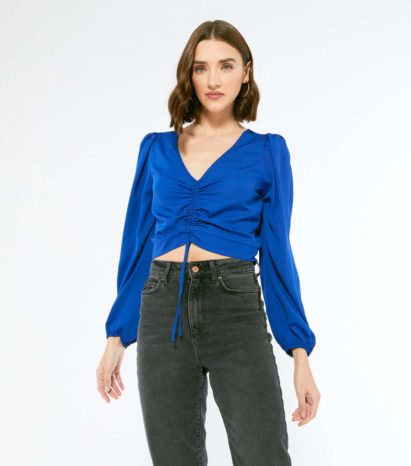 Blue Satin Ruched Puff Sleeve Blouse