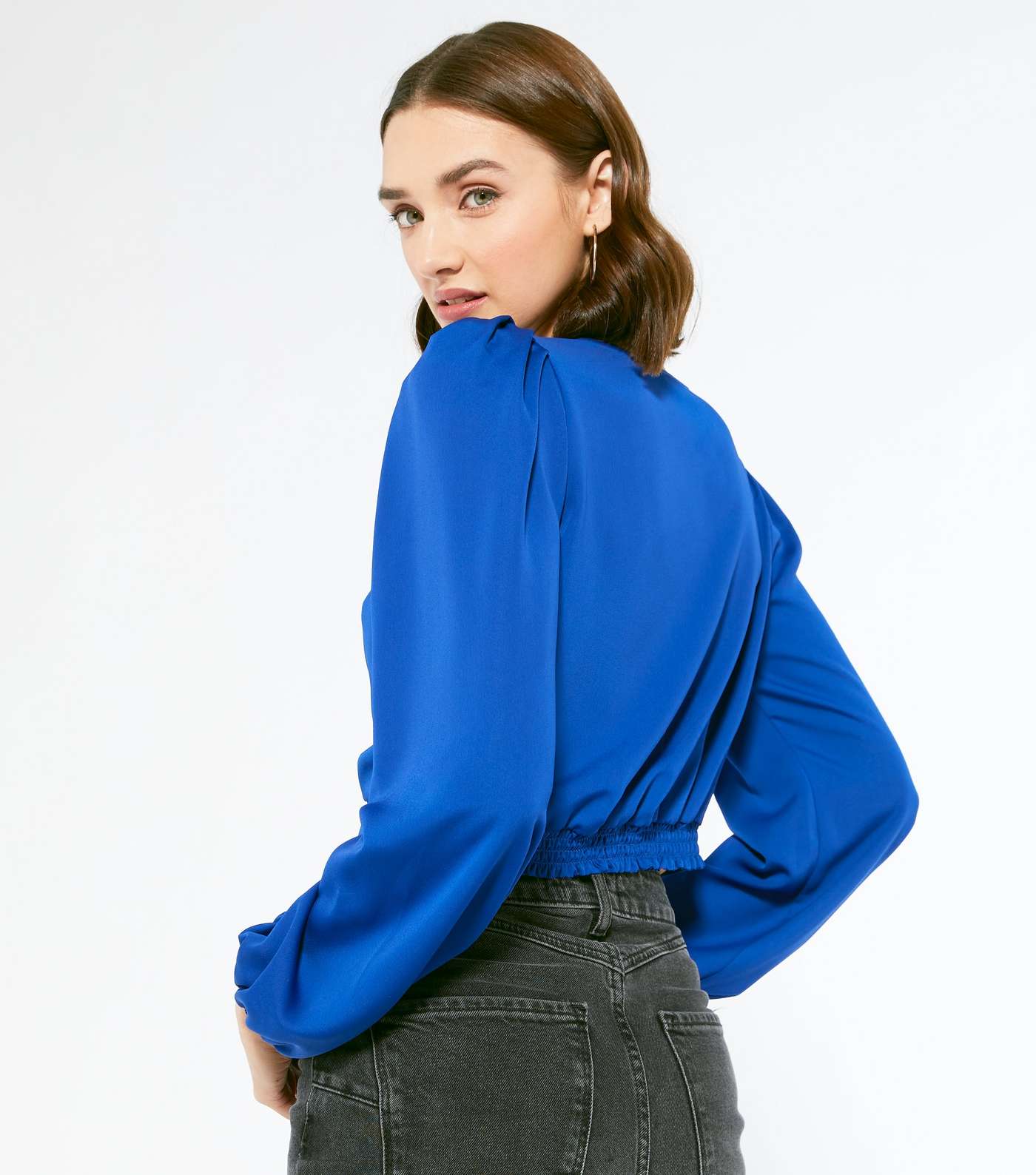 Blue Satin Ruched Puff Sleeve Blouse Image 3