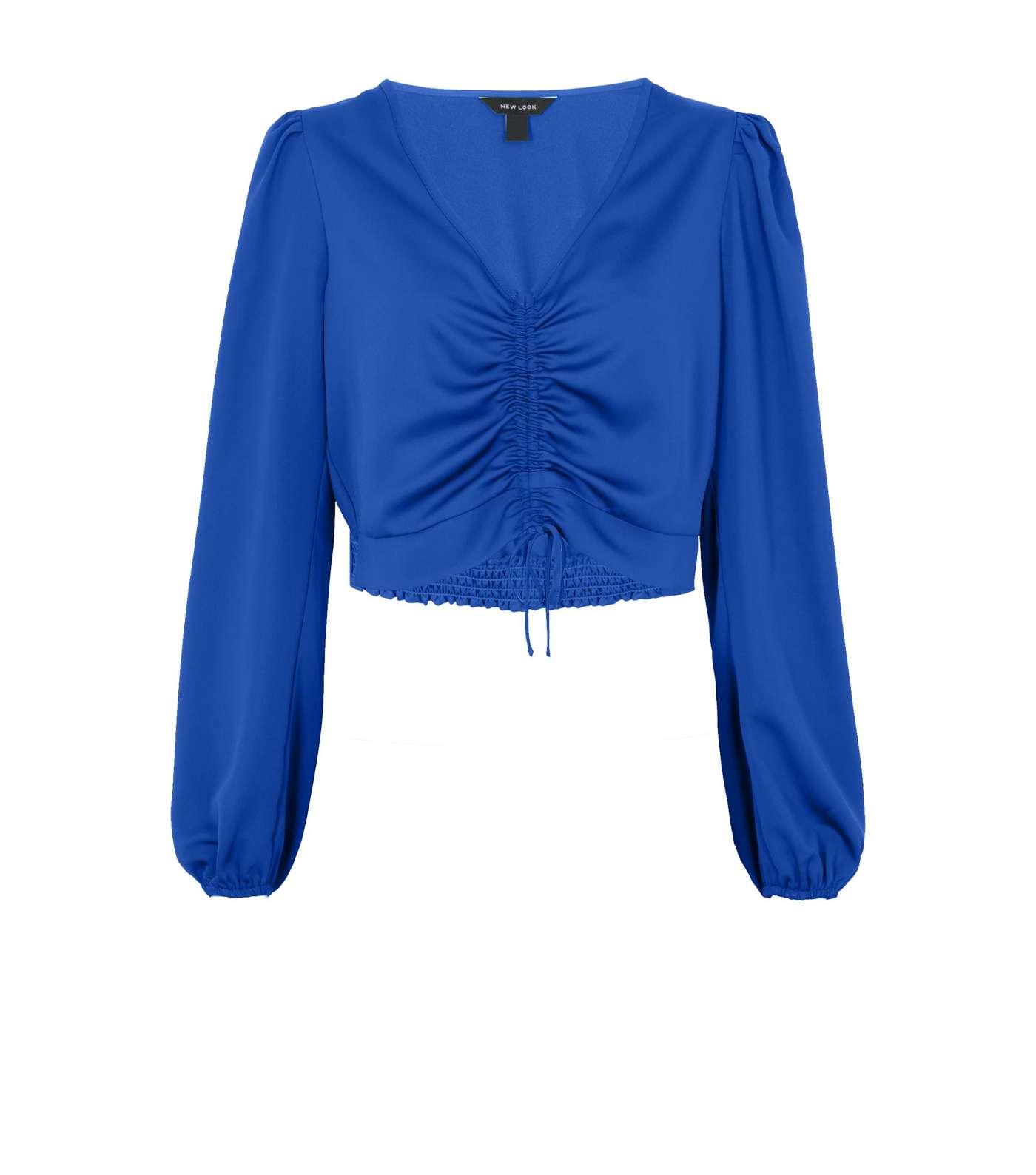 Blue Satin Ruched Puff Sleeve Blouse Image 5