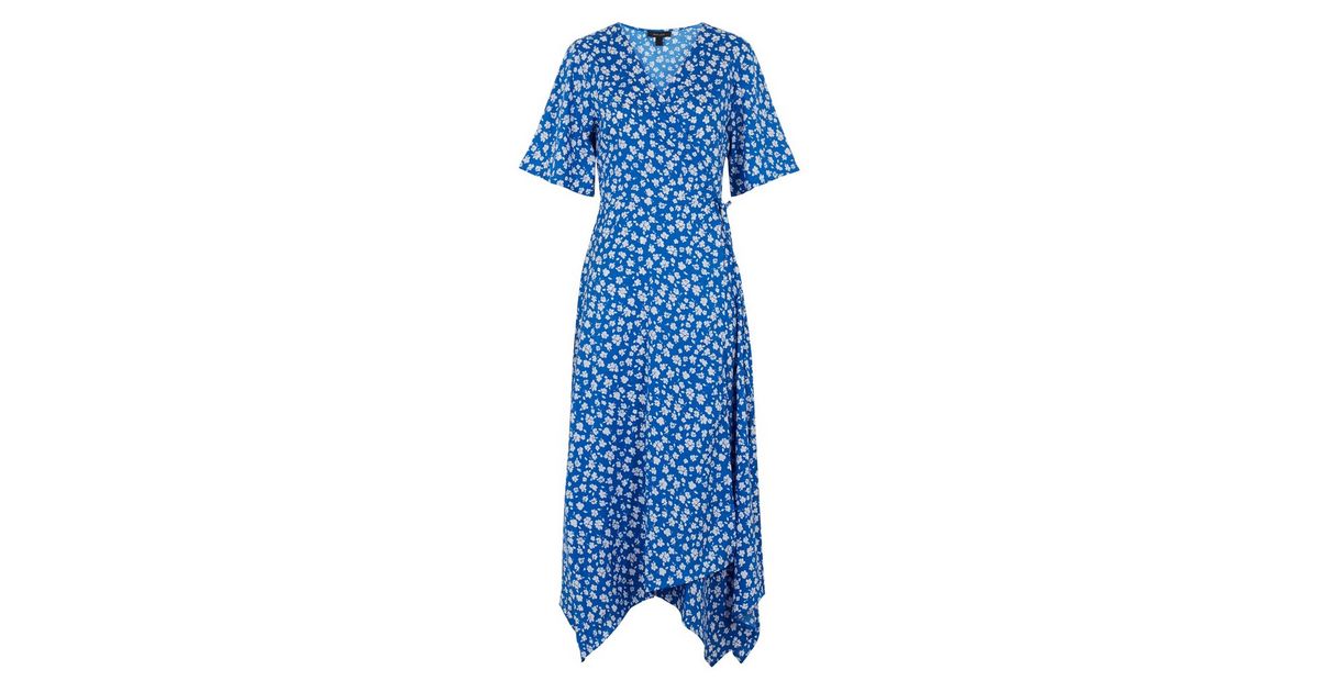 Blue Ditsy Floral Asymmetric Wrap Midi Dress New Look