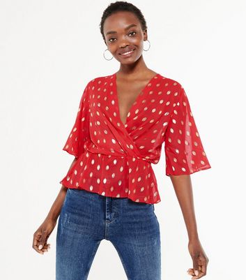 red metallic blouse