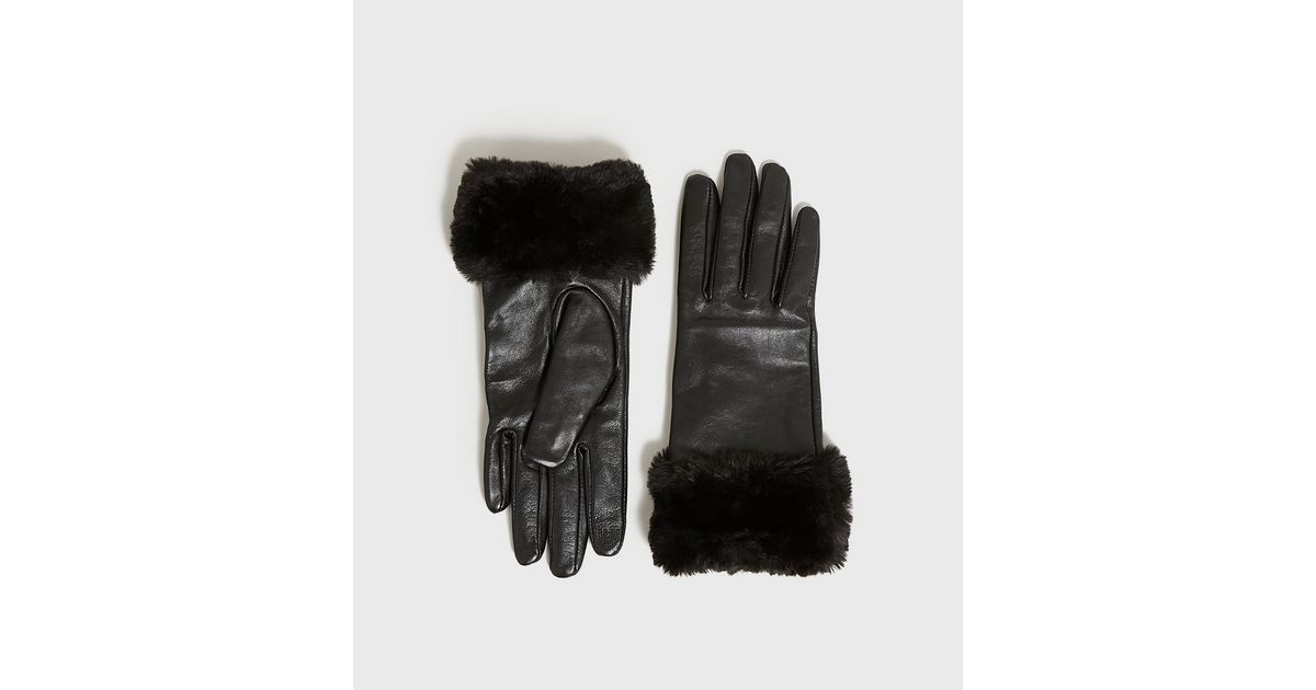 Black Leather Faux Fur Lined Gloves New Look