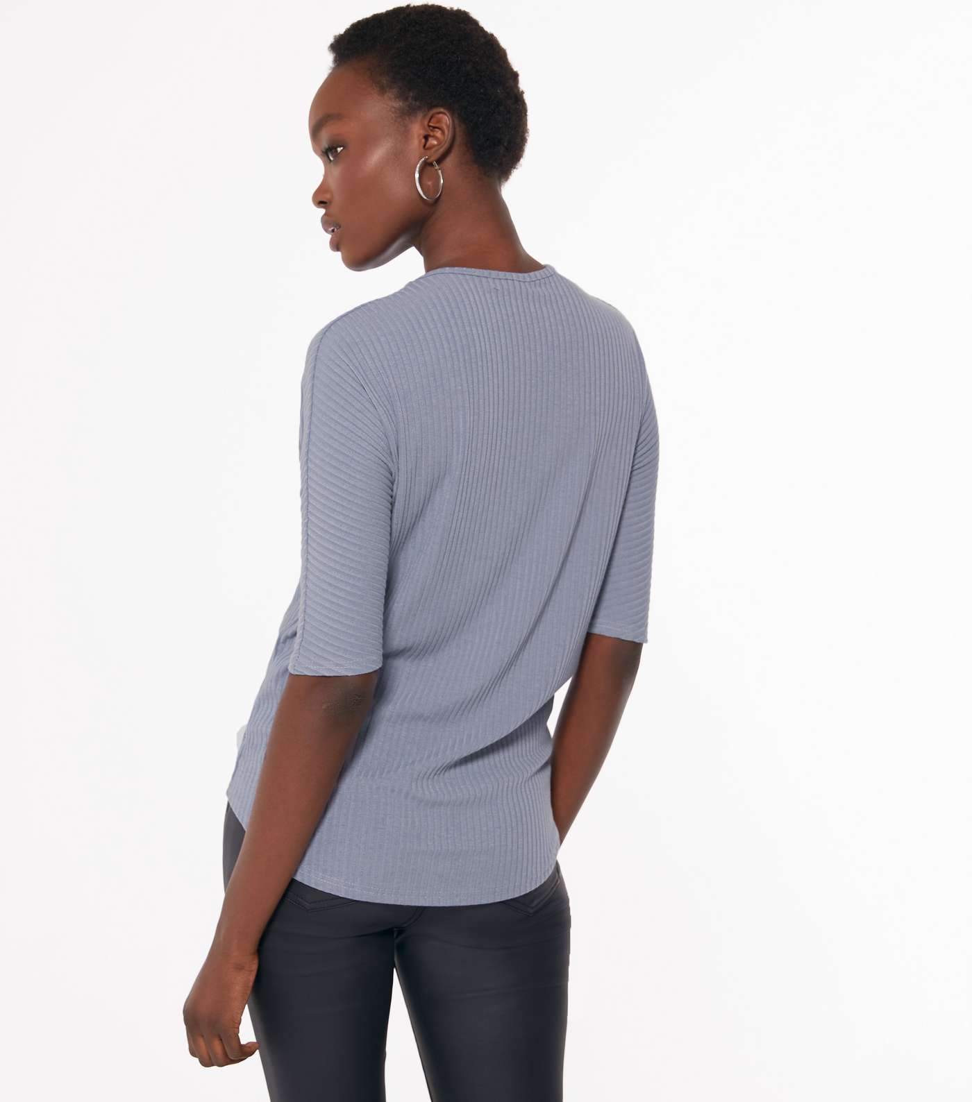 Pale Grey Ribbed Twist Front Long Top Image 3