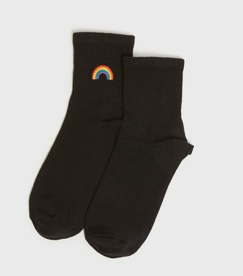 Image of Black Rainbow Embroidered Socks New Look