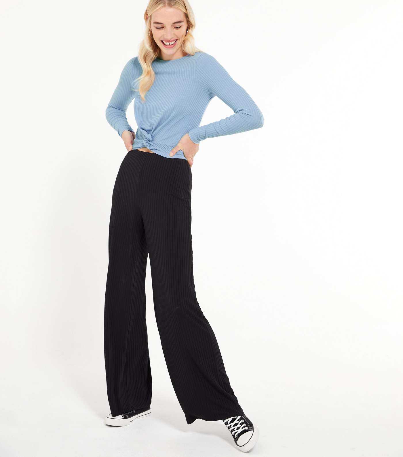 Pale Blue Ribbed Twist Front Crop Top Image 2