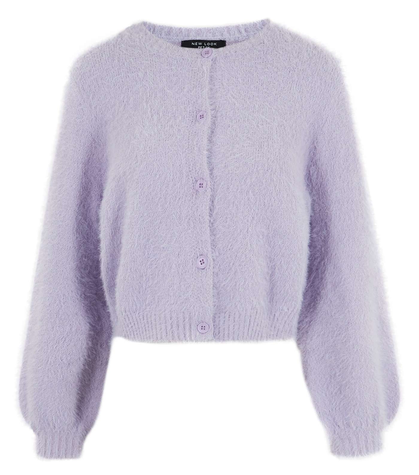 Petite Lilac Fluffy Knit Puff Sleeve Cardigan Image 5