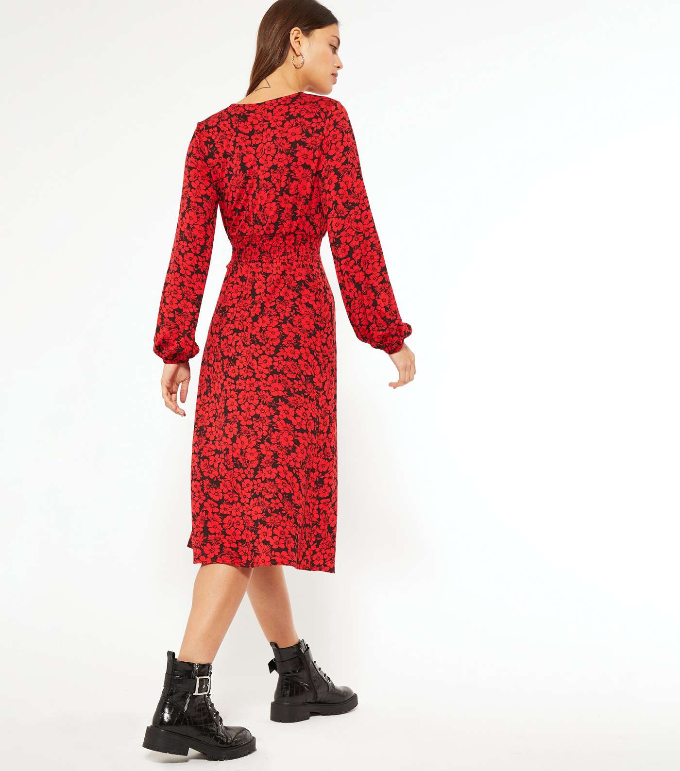 Red Floral Long Sleeve Midi Wrap Dress Image 3