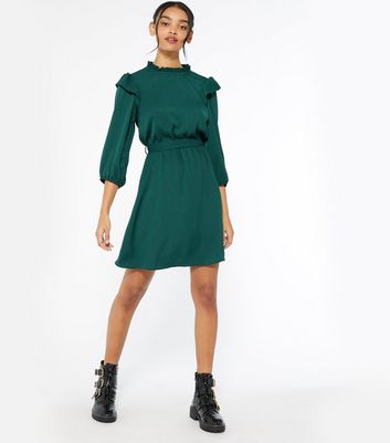 Dark Green Frill Tie Waist Dress | New Look