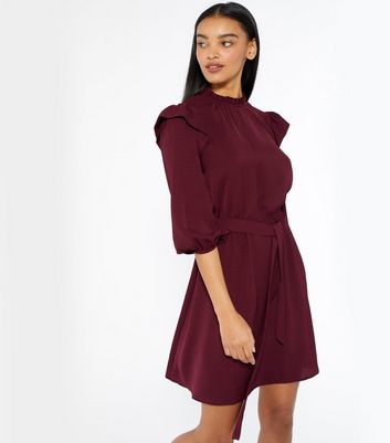 Burgundy Frill Tie Waist Dress | New Look