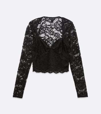 Image of Black Lace Long Sleeve Crop Top New Look