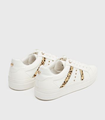 white sneakers with leopard stripe