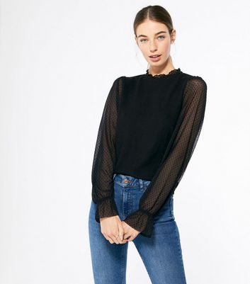 Image of Black Chiffon Spot Puff Sleeve Jumper New Look