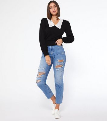 Black Floral Broderie Collar Jumper | New Look