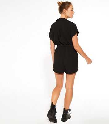 Image of Black Button Up Collared Playsuit New Look