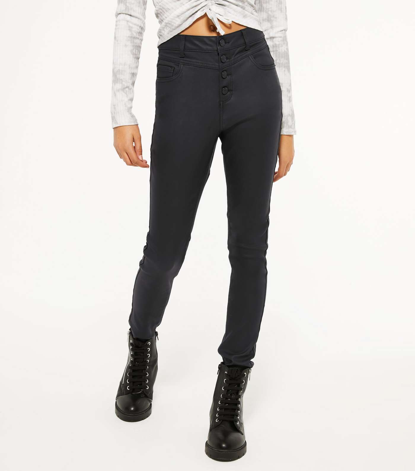 Girls Black Leather-Look Yazmin Skinny Jeans Image 2