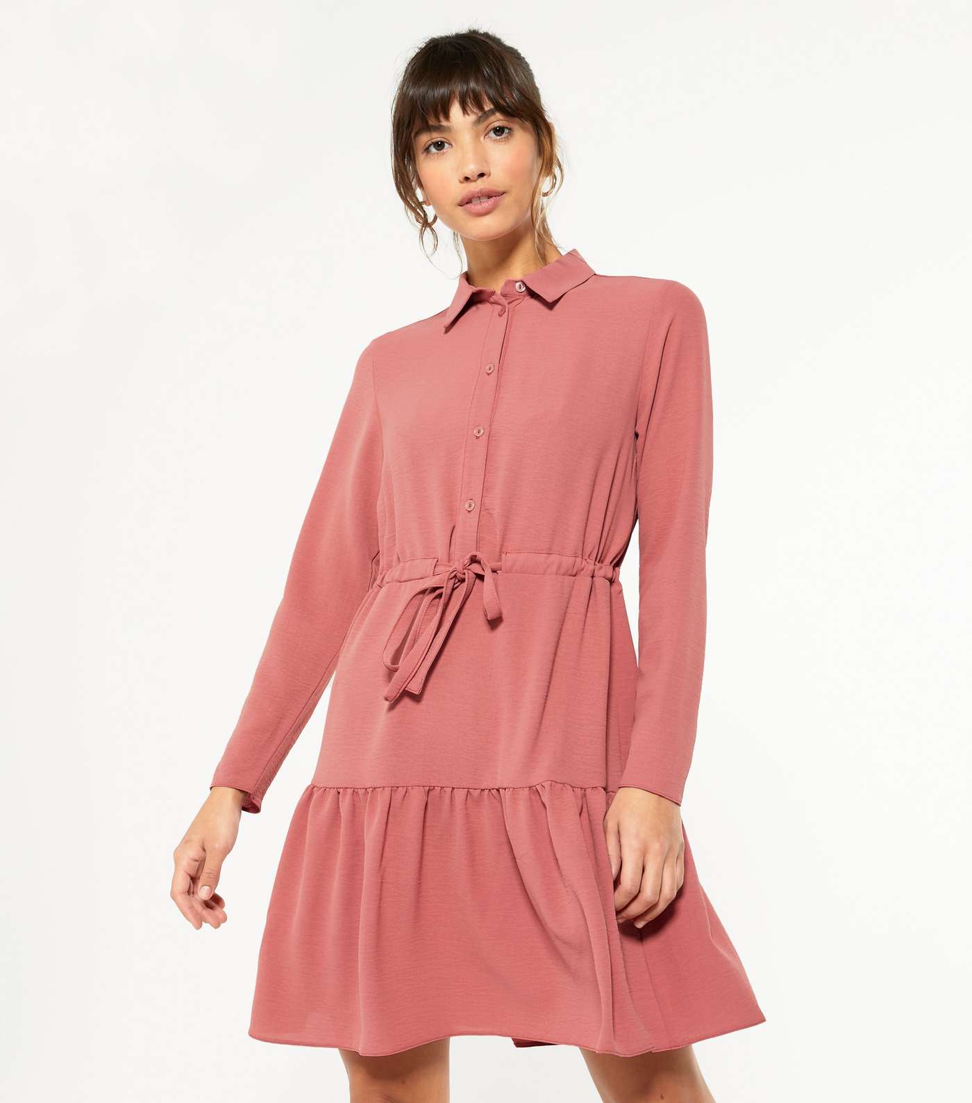 Pale Pink Tiered Hem Shirt Dress 