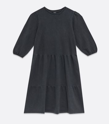 Image of Curves Black Acid Wash Jersey Tiered Smock Dress New Look