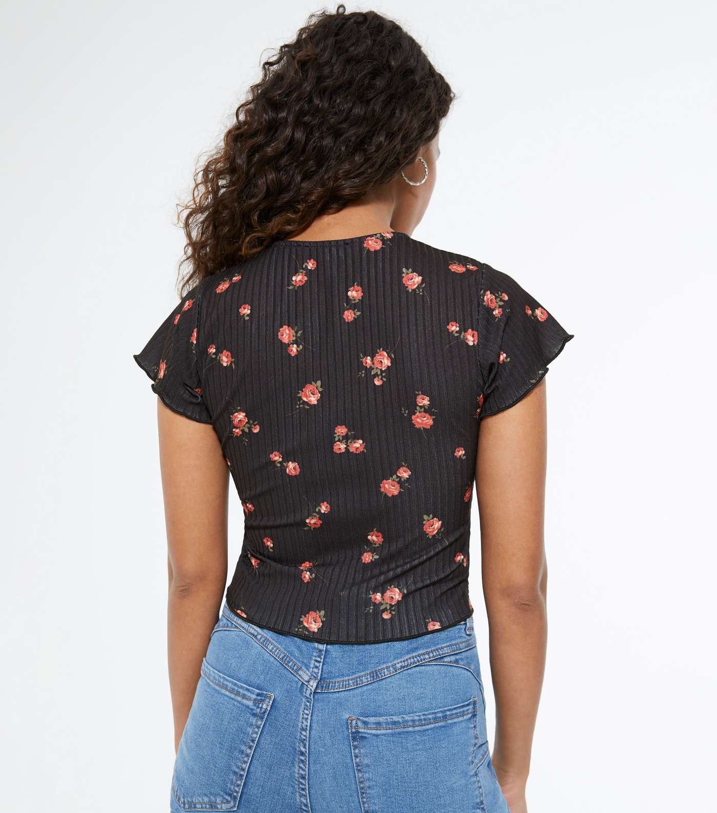 Petite Black Floral Ribbed Ruched Top Image 3