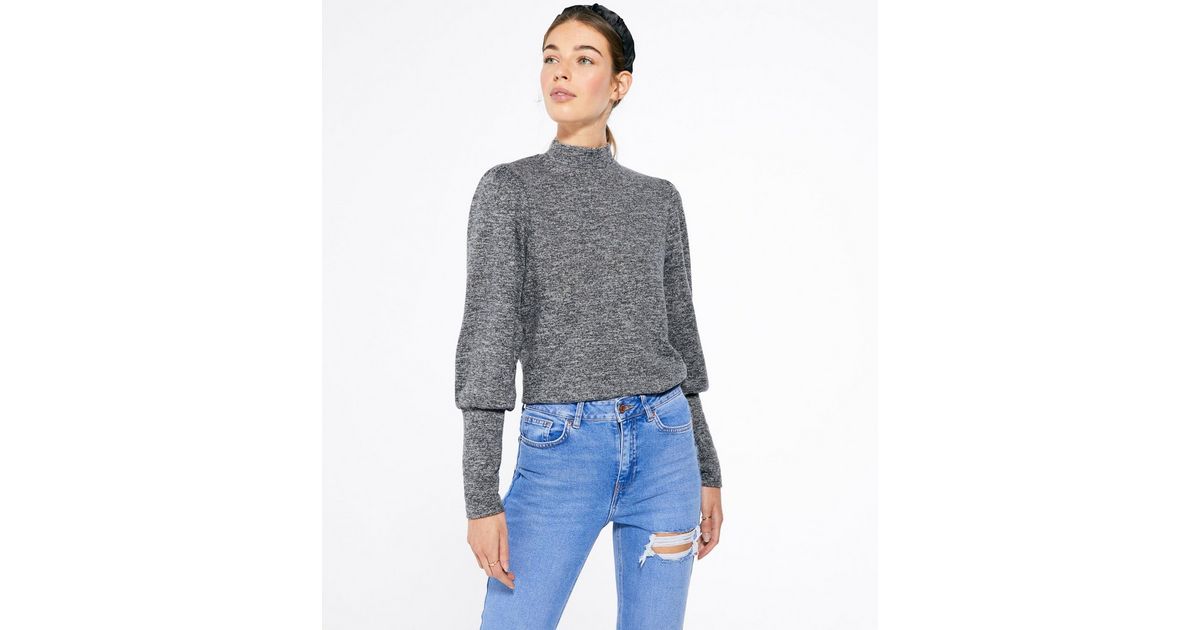 Pale Grey Puff Sleeve High Neck Jumper | New Look